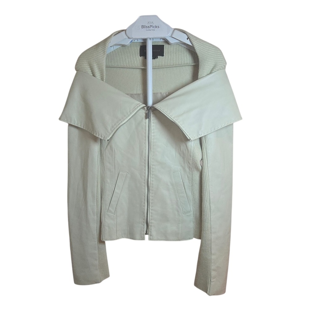 BCBGMAXAZRIA Ivory Leather Knit Zip Jacket Ribbed Panels Minimal Moto Womens S